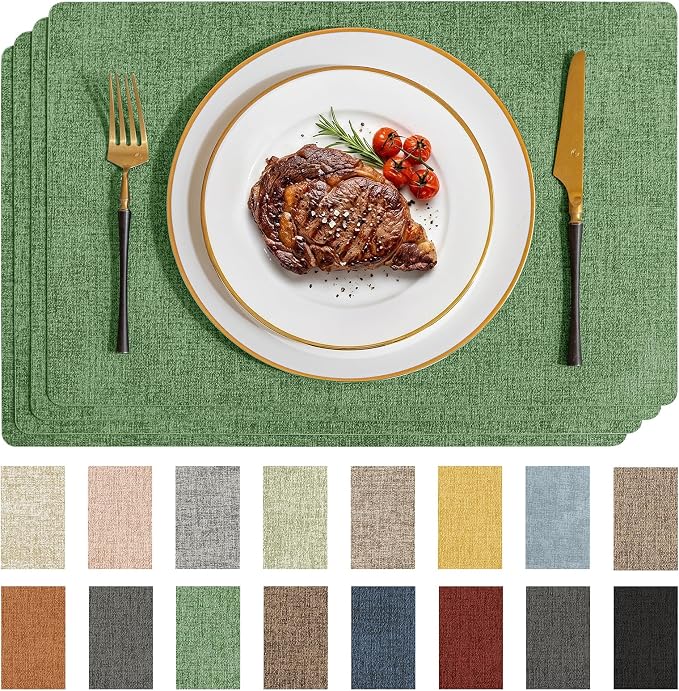 Romanstile Vinyl Placemats Set of 4-12 X 17 Inch - Faux Leather 100% Waterproof Wipeable Anti Slip Place Mats, Heat Resistant Reversible PU Table Mats for Kitchen Dining Party Outdoor, Dark Green