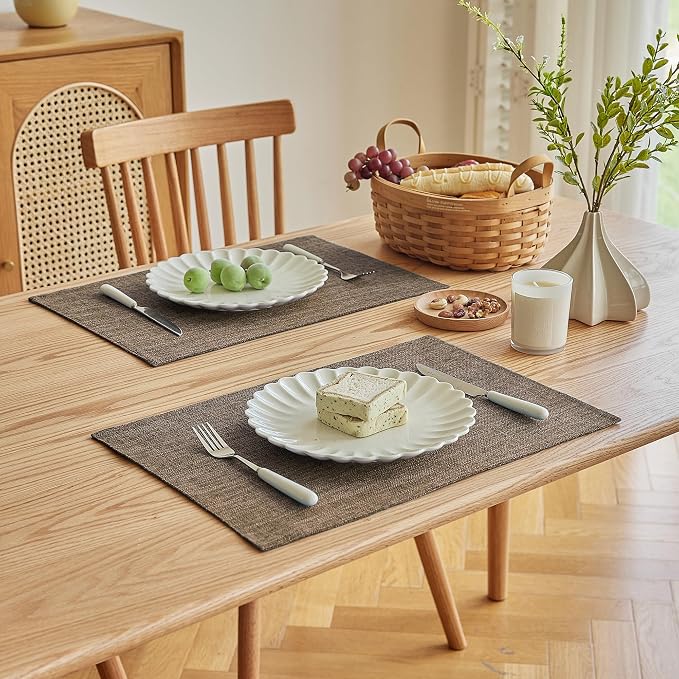 Softalker Faux Linen Placemats Set of 8-12 x 18 Inch, Heat Resistant Double Layered Durable Burlap Farmhouse Place Mats, Non-Slip Washable Rustic Table Mats for Dining, Kitchen, Party（Brown