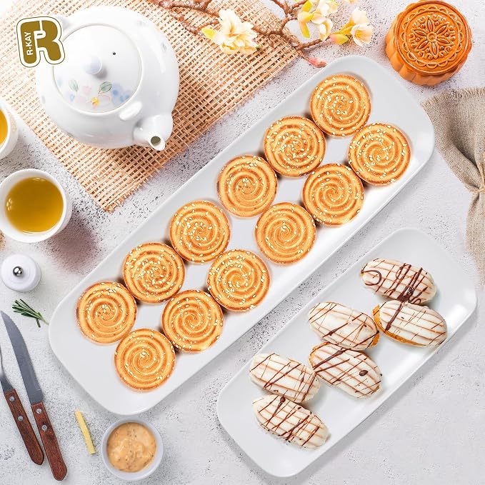 R-kay 4 Pack Plastic Serving Trays for Party - White Serving Tray 10 by 5.5 in - Heavy Duty Dessert Trays for Food - Rectangular Party Serving Trays - Premium Party Trays - White Platters