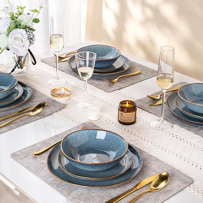 AmorArc Ceramic Dinnerware Sets for 4, 12Pcs Plates and Bowls Sets Dishes | Stoneware Handmade Reactive Glaze Dinner Set, Highly Scratch Resistant | Dishwasher & Microwave Safe Dishware