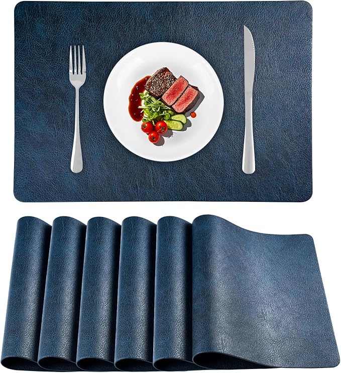 Faux Leather Placemats Set of 6 Heat Resistant Table Mats 17×12 Inch | Waterproof & Wipeable Place Mats Set of 6 Dual Sided Table Placemats for Kitchen Dining Decor Indoor Outdoor 43×30CM NavyBlue