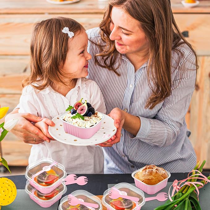 NPLUX Square Cake Pans with Lids, 50 Pack Pink 10oz for Birthday Treats | Works for crumble cups, panna cotta, custard and snack servings; label area supports flavor organization.