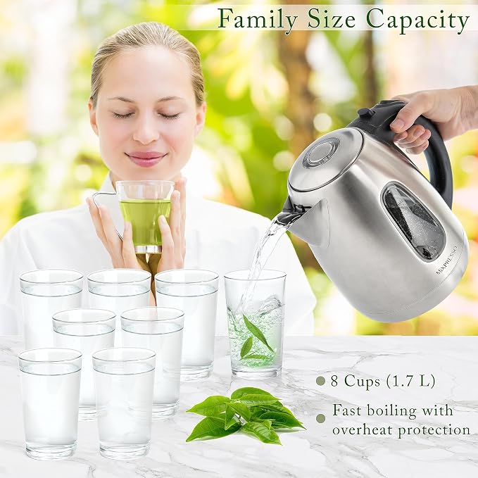 Mixpresso 1.7 Liter Stainless Steel Electric Kettle | Large, portable hot water tea kettle, fast boiling pot, boil-dry protection, auto shut-off, blue Illuminate LED light
