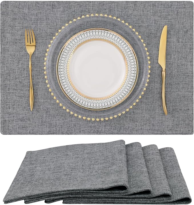 Faux Cotton Linen Placemats Set of 4, Cloth Washable Farmhouse Dining Table Mats for Indoors & Outdoors, Easy to Clean, Dark Grey, 13 x 19 Inch