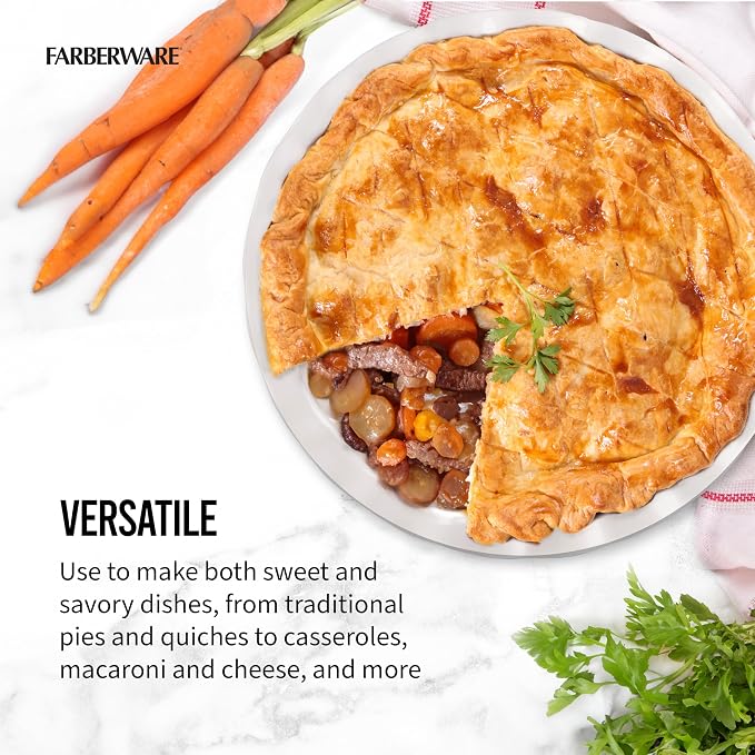 Farberware Bakers Advantage 10 Inch Ceramic Pie Dish - Two-Tone Teal and Ivory Stoneware Pie Pan with Scalloped Edge for Even Baking, Quiche, Casseroles