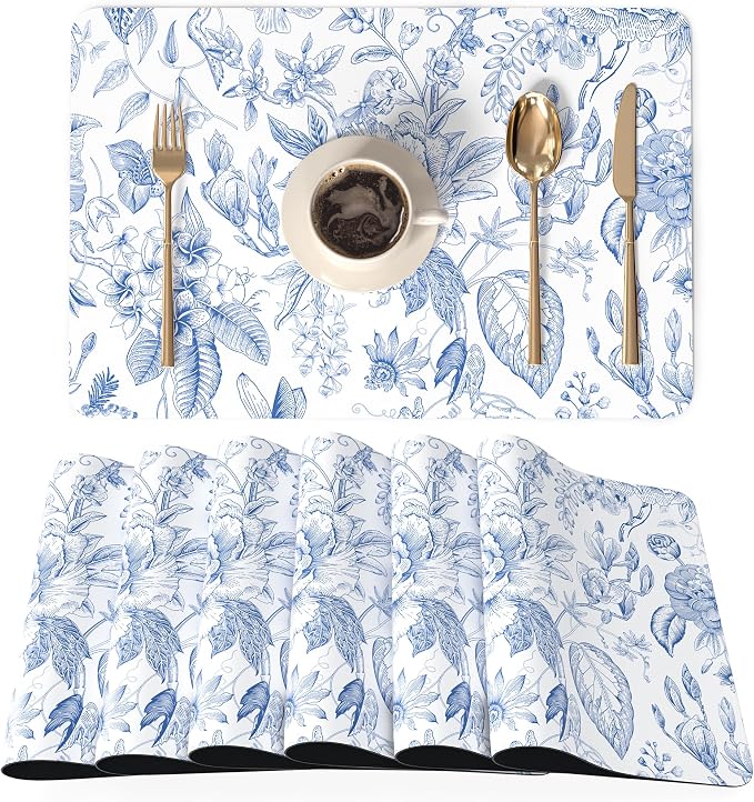 QIYI PU Leather Placemats Set of 6, 12"x18" Waterproof Table Mats, Toile | Faux Leather, Heat Resistant, Anti Slip, Wipeable Place Mats for Kitchen Dinning, Party Table Décor, Blue Flowers