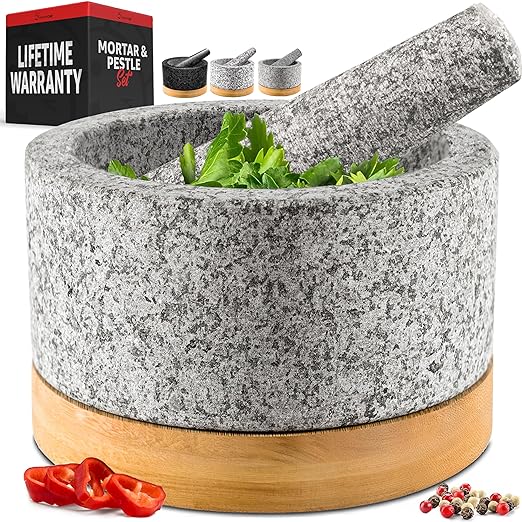 PriorityChef Heavy Duty Mortar and Pestle Set with Bamboo Base, 100% Natural Granite Stone Grinder, Guacamole Bowl and Masher, 2 Cups, Grey
