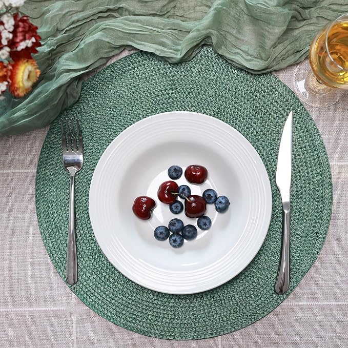 Winknowl 15 Inch Round Braided Placemats Set of 6, Washable Cotton Polyester Table Mats, Heat Resistant Non-Slip Place Mats for Kitchen Dining Table Decor (Olive,6pcs)