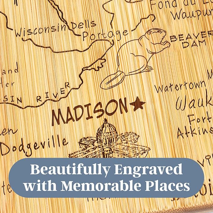 Totally Bamboo Destination Wisconsin State Shaped Serving and Cutting Board, Includes Hang Tie for Wall Display | State charcuterie serving board with engraved map artwork. Smooth reverse side for food prep. Hang tie for wall display.