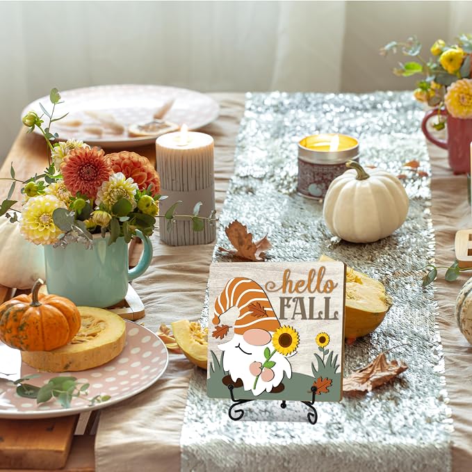 Hello Fall Home Decor Indoor, Autumn Gnome Thanksgiving Table Decor | 5"x5" Wood Plaque Gifts with Stand for Farmhouse Living Room Bathroom Kitchen Decoration - A05