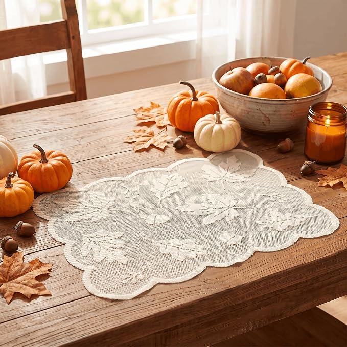 Artoid Mode Beige Maple Leaves Lace Fall Placemats Set of 4, 11x17 Inch Table Mats for Thanksgiving Party Dining Table Decoration