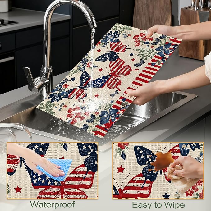 Independence Day Cloth Placemats,American Butterfly Flowers Heat-Resistant Table Placemats Set of 6, Washable Linen Place Mats for Dining Room Table Decor Home Restaurant Cafes Party 11.8x17.7 Inch