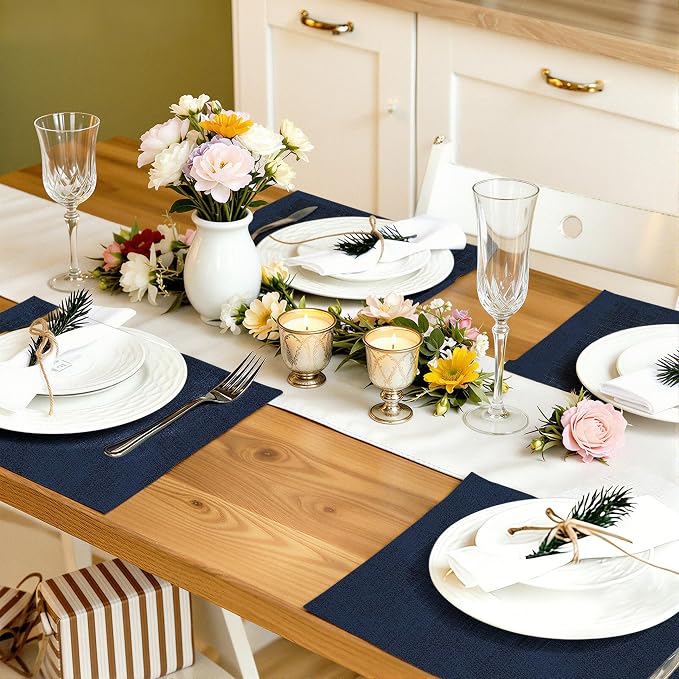 Faux Leather Heat Resistant Placemats 8 Packs, Waterproof Wipeable Dining PU Place Mats for Indoor & Outdoor, Easy to Clean, Dark Navy Blue
