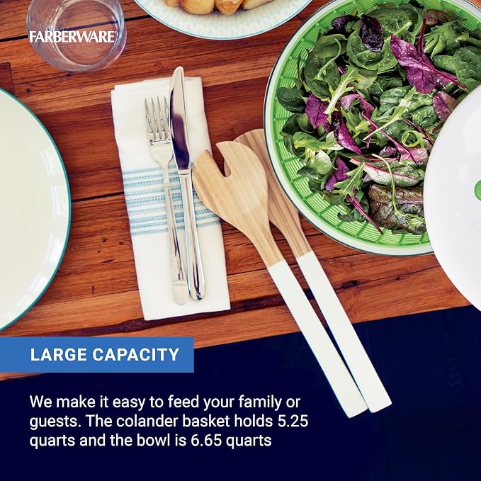 Farberware Easy to use pro Pump Spinner with Bowl, Colander and Built in draining System for Fresh, Crisp, Clean Salad and Produce, 6.6 quart, Green