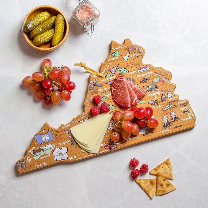 Totally Bamboo Virginia State Shaped Cutting Board, Art by Fish Kiss | State charcuterie board with colorful hand-drawn map artwork. Smooth reverse side for food prep. Hang tie for wall display.