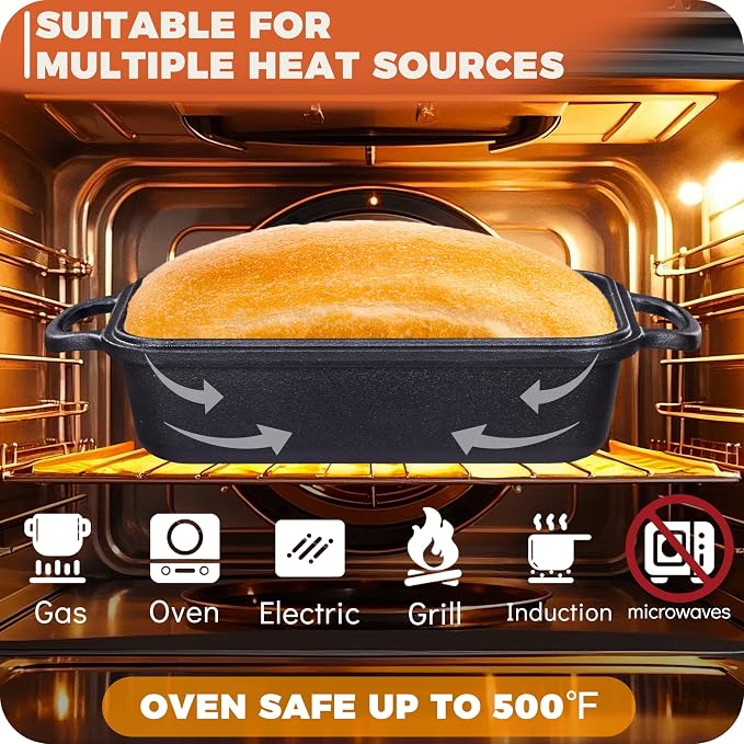 Pre-Seasoned Cast Iron Loaf Pan with Lid, 9x5 Sourdough Pan | Heavy-Duty Cast Iron Loaf Pan with Lid for Sourdough Bread, 9x5 Inch Baking Pan, 2-In-1 Design, Even Heat Distribution, Black