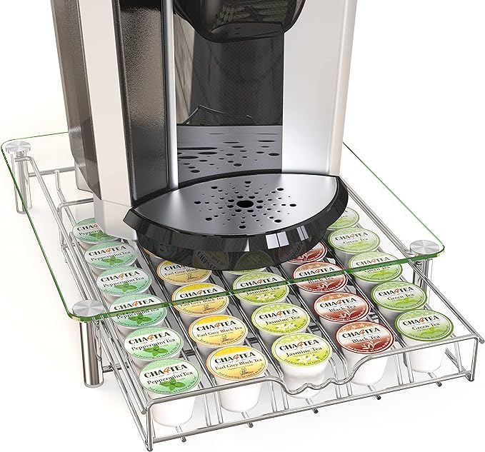 Deco Brothers Tempered Glass K-Cup Holder Drawer for 30 Coffee Pods, Chrome