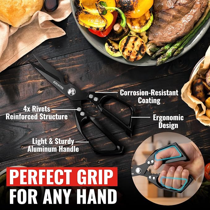 5-in-1 Kitchen Scissors with Tweezers, Black | Titanium Coated Blades, Aluminum Alloy Handle, Fish Scaling Edge, Bottle Opener, Nutcracker, Poultry Tweezers,Dishwasher Safe