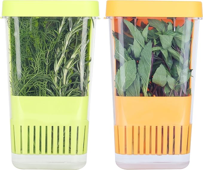 LUVCOSY Fresh Herb Keeper for Refrigerator, Clear BPA-Free Herb Saver, Storage Container for Cilantro, Parsley, Thyme, Mint & Asparagus, Preserver Keeps Fresh Herbs for 3 Times Longer, Green & Orange