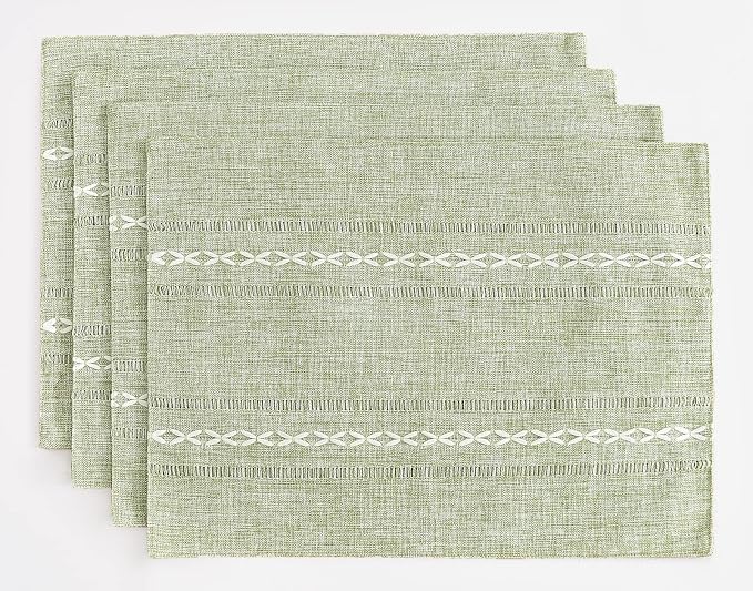 Wracra Cotton Linen Place Mats, Sage Green Embroidered Placemats Set of 4 | Placemats 12 x 18 Inch; Cotton Linen Woven Fabric; Heat Resistant Table Mats; Raised Embroidered Hollow Design