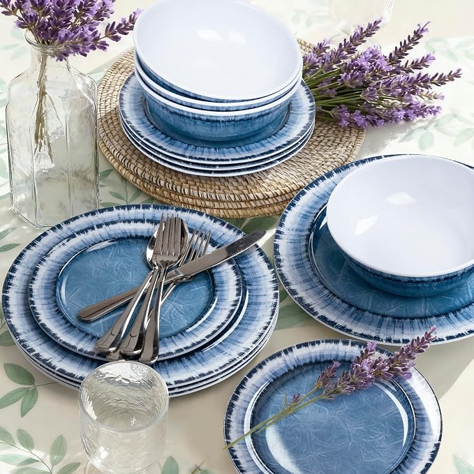 Melamine Dinnerware Set of 12 Pcs Dinner Dishes Set for Indoor and Outdoor Use, Dishwasher Safe, Lightweight Unbreakable, Navy Blue