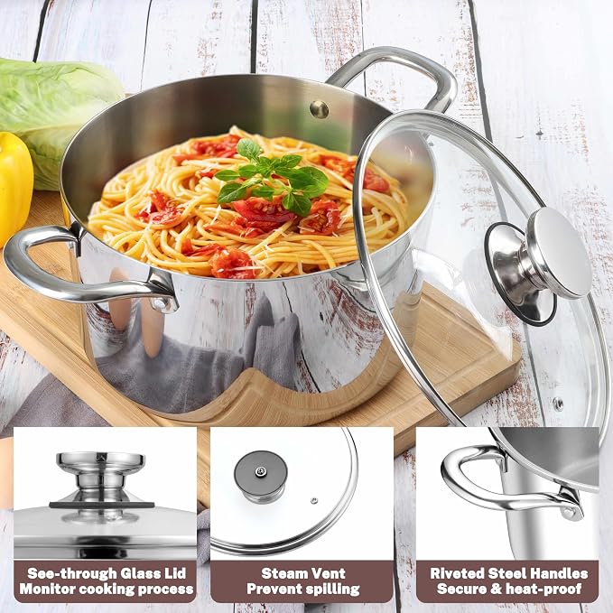 Herogo 7.3 Quart Stock Pot, 18/10 Stainless Steel Cooking Pot with Lid, 7.3 QT Pasta Stockpot with Handles, Tri-Ply Stockpot for Induction Gas Electric Stove, Dishwasher Safe