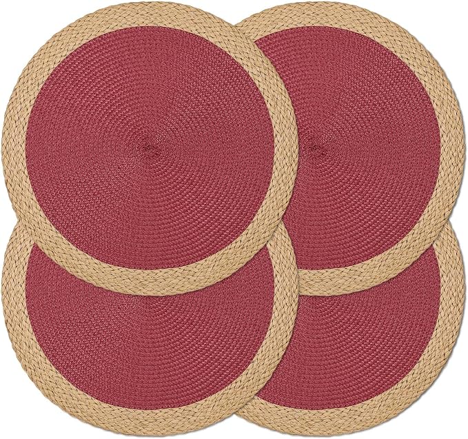 Round Placemats Set of 4, Woven Table Mats, Wide Edge, Berry Red | Braided Paper Edge, 15 Inch Diameter, Fits Dinner Plate and Flatware, Wipeable, Heat Resistant, Indoor Dining, Outdoor Patio