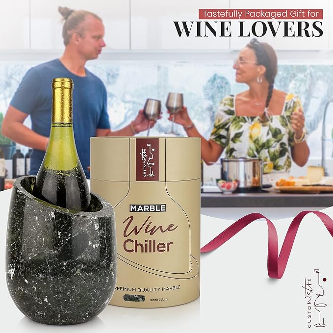 Gusto Nostro Marble Wine Chiller Bucket - 750ml Wine Bottle Cooler and Champagne Chiller for Party, Kitchen, Bar Cart Decor to Chill & Keep Bottles Cold with Unique Wine Lovers Gift Box (Black Zebra)