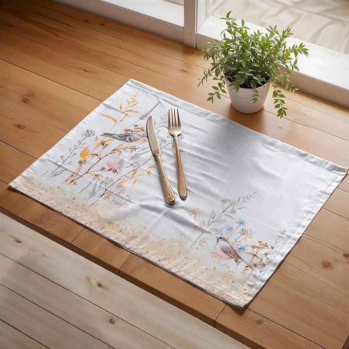 Maison d' Hermine Placemats Set of 4 Reusable 100% Cotton (13"x19") | Cloth Place Mats Washable Table Mats for Kitchen Dining Party Home Restaurant Spring Summer - Meadow Florals - Beige
