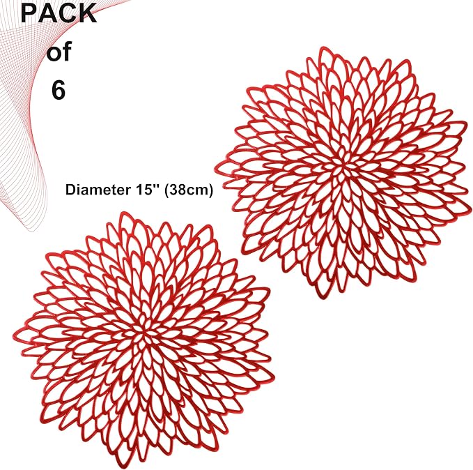 Snowkingdom 6 Pack Red Placemats Metallic Shiny Pressed Vinyl Dining Mats Round Leaf Floral Mother's Day Table Decoration for Halloween Christmas Valentine's Day Weddings Holiday Celebrations