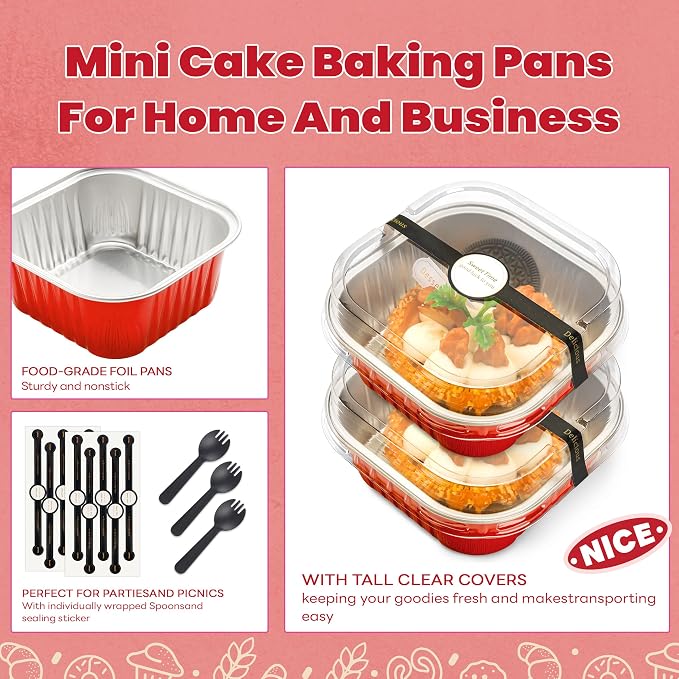 NPLUX Mini Cake Pans with Lids, 50 Pack Red 5oz for Family Parties | Fits bars, pudding, crumble and layered desserts; paired extras make serving details easier to finish.