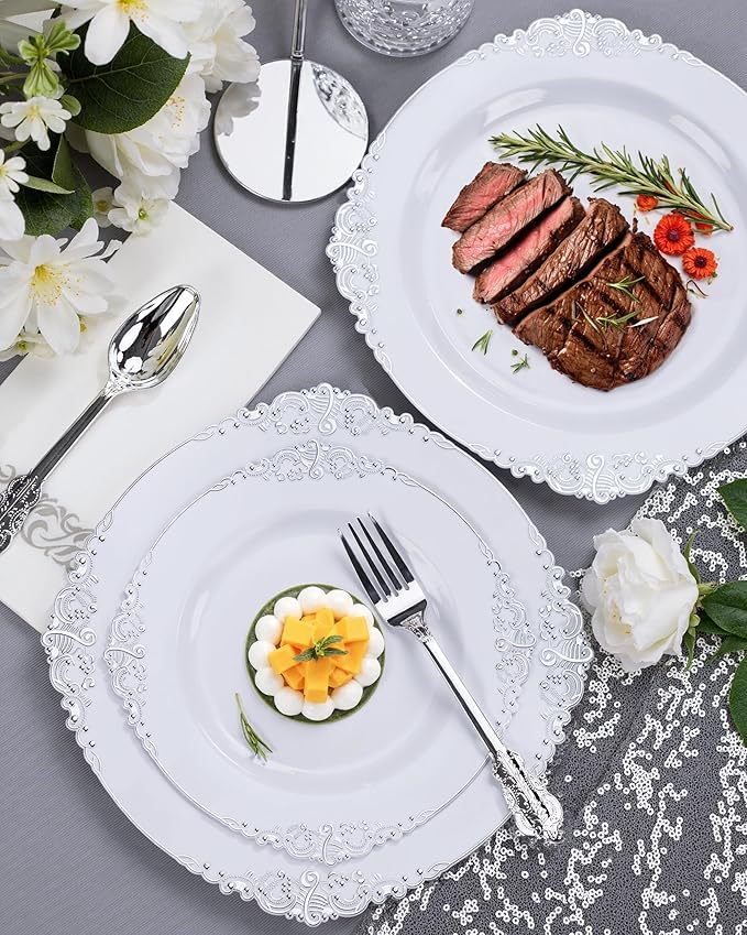 Nervure 700Pcs Silver Plastic Plates, Plastic Dinnerware Set for 100 Guests | 100 7.5" Dessert & 100 10.25" Dinner Plastic Plate, 300 Cutlery, 100 10oz Cups, 100 Napkin for Wedding & Party, Heavy-duty