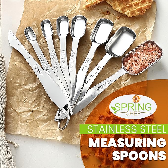 Spring Chef Stainless Steel Measuring Spoons Set of 8 with Leveler | Rectangular Metal Teaspoon & Tablespoon Measuring Spoons for Dry & Liquid Ingredients, Nesting Metric Spoons with Long Handle