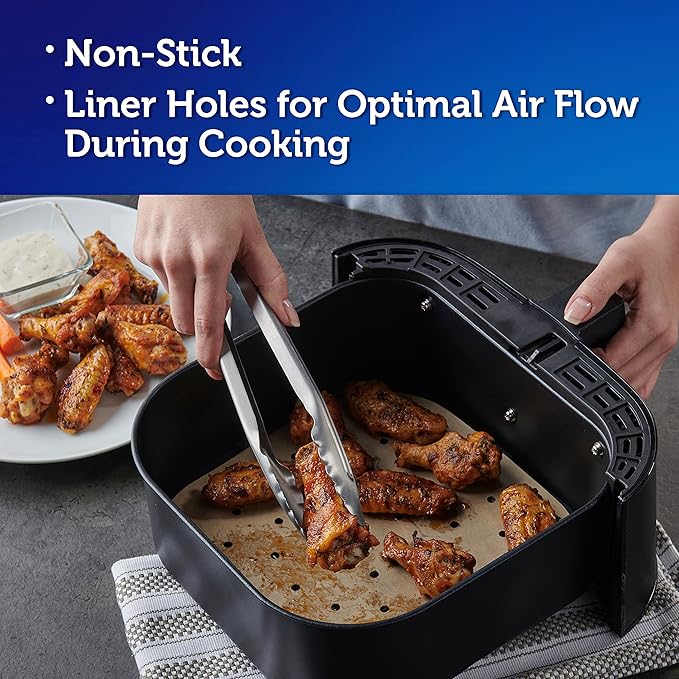 Reynolds Kitchens Air Fryer Liners Disposable, Unbleached Parchment Paper Sheets, 50 Count | Pre-Cut Disposable Parchment Paper Sheets, Fits Round and Square Air Fryers, Safe Up To 400F, Perforated For Better Airflow