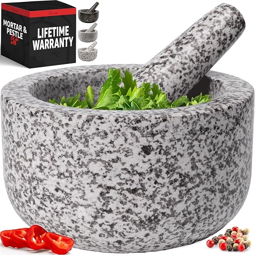 Heavy Duty Large 4 Cup Mortar and Pestle Set, 100% Natural Granite, 7 Inch Diameter Bowl, 7.2 Inch Pestle, Non-Slip Base, Stone Grinder for Guacamole Salsa Pesto Herbs Spices, White