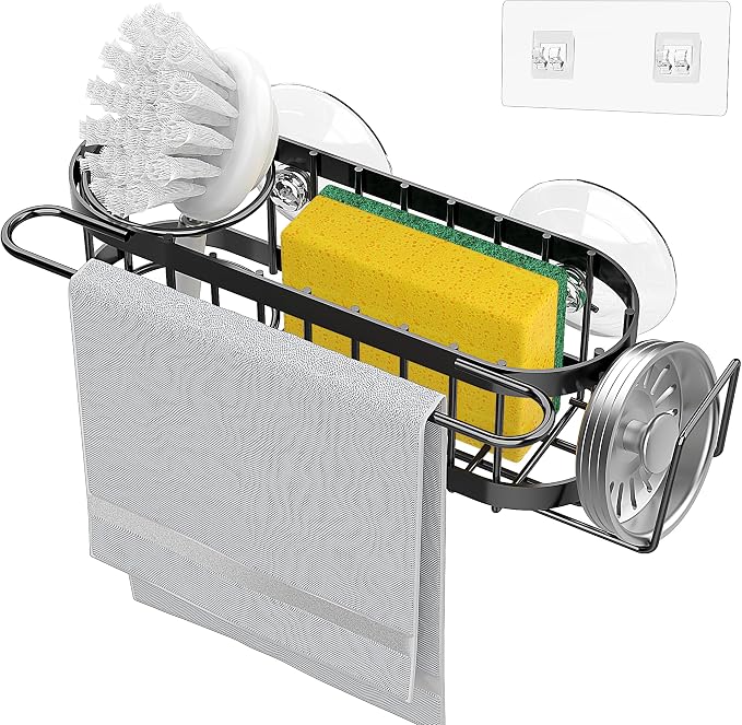 Cisily Kitchen Sink Caddy Sponge Holder in The Sink, Stainless Steel Kitchen Sink Organizer, Brush Holder, Dish Cloth Hanger, Sink Stopper Holder (Suction cup-Black)