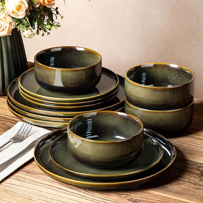 Ceramic Dinnerware Set for 4, 12-Piece Plates and Bowls Set | Handmade Reactive Glaze Dish Set, Scratch Resistant, Oven & Microwave & Dishwasher Safe, Olive Green