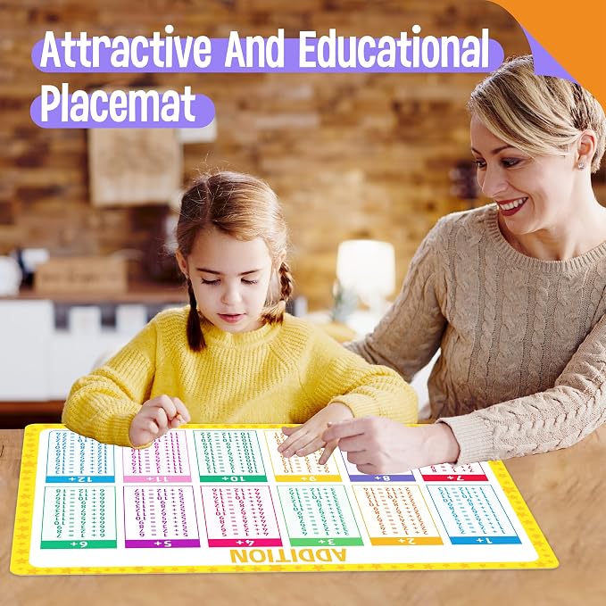 6 Pack Placemats for Kids, Non-Slip Washable Table Mat, Reusable Addition, Subtraction, Time, Calendar, Money & Holiday Placemats for Home, Kindergarten, Classroom, Nursery
