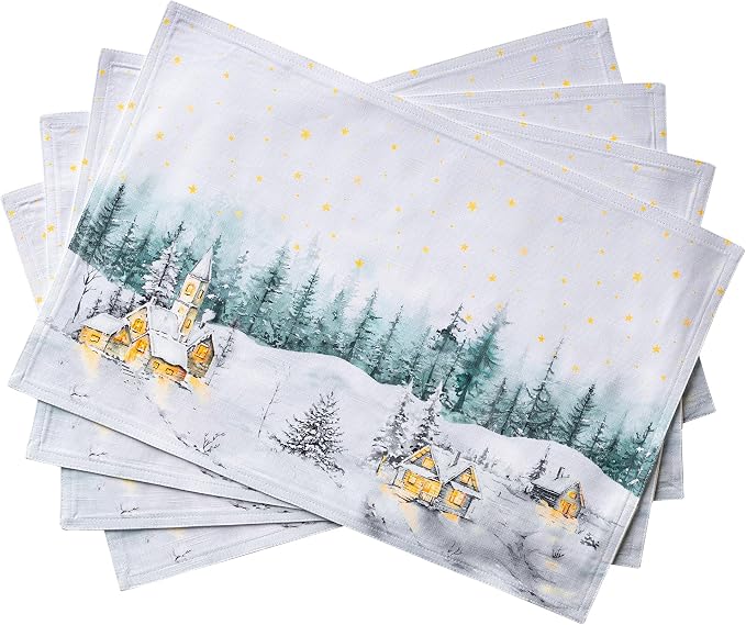 Maison d' Hermine Placemats Set of 4 Reusable 100% Cotton (13"x19") | Cloth Place Mats Washable Table Mats for Kitchen Dining Party Wedding Hotel Home Thanksgiving Christmas - Neige de Noel