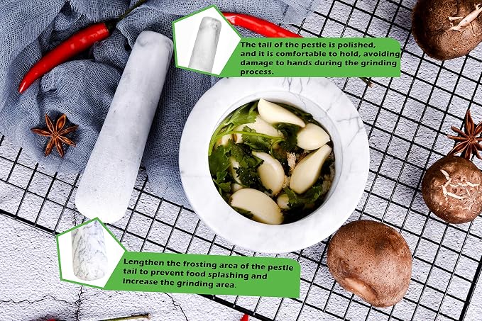 Mortar and Pestle Marble Set for Spices Pestos Seasonings Pastes Guacamole Bowl Herb Grinder Easy to Clean Included:Silicone Mat,Brush,Stainless Steel Spoon 4.33inch(Small,White Gray)