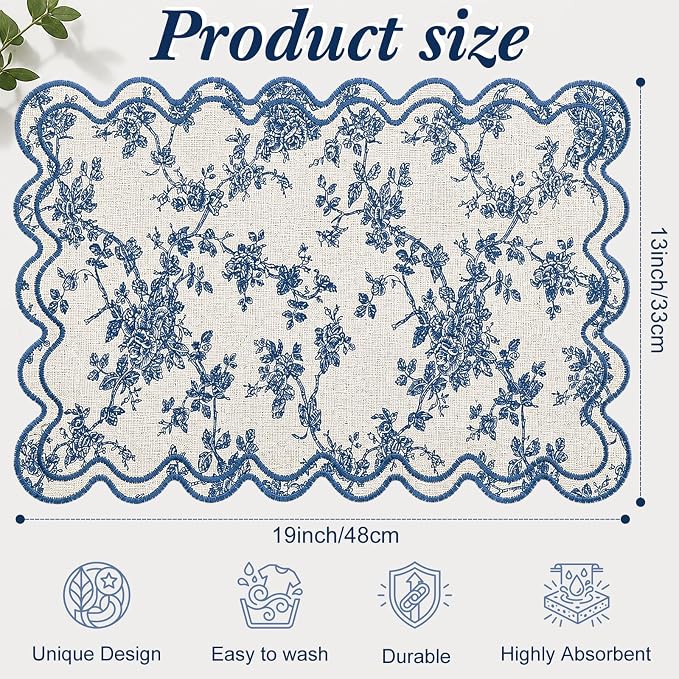 HunnmingRe Blue Floral Set of 6 Cotton Linen Wedding Placemats, 13x19 Inch Scalloped Wavy Embroidery Placemat Double Layered Washable Rustic Rectangle Dinner Table Mat for Home Decor