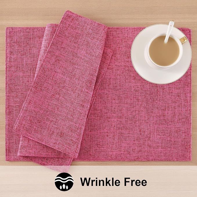 Faux Cotton Linen Placemats Set of 6, Cloth Washable Farmhouse Dining Table Mats for Indoors & Outdoors, Easy to Clean, Hot Pink, 13 x 19 Inch
