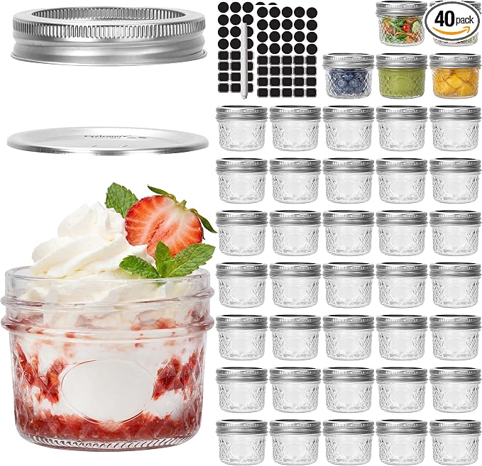 CycleMore 40 Pcs 4oz Crystal Mini Mason Jars, Silver Separable Lids | Airtight, BPA-free, Reusable, WasherSafe, Small Canning Jars for Jam, Honey, Samples, Wedding Favors, DIY Candles
