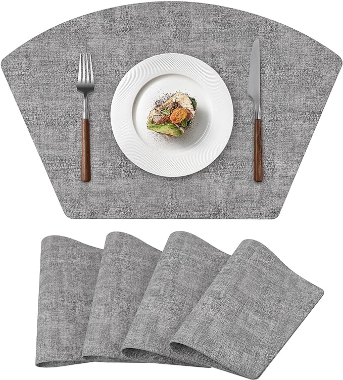 Round Table Placemats Set of 4, Faux Leather Wedge Shape Place Mats Heat Resistant Wipeable Washable Table Mats for Dining Outdoor Indoor, Gray