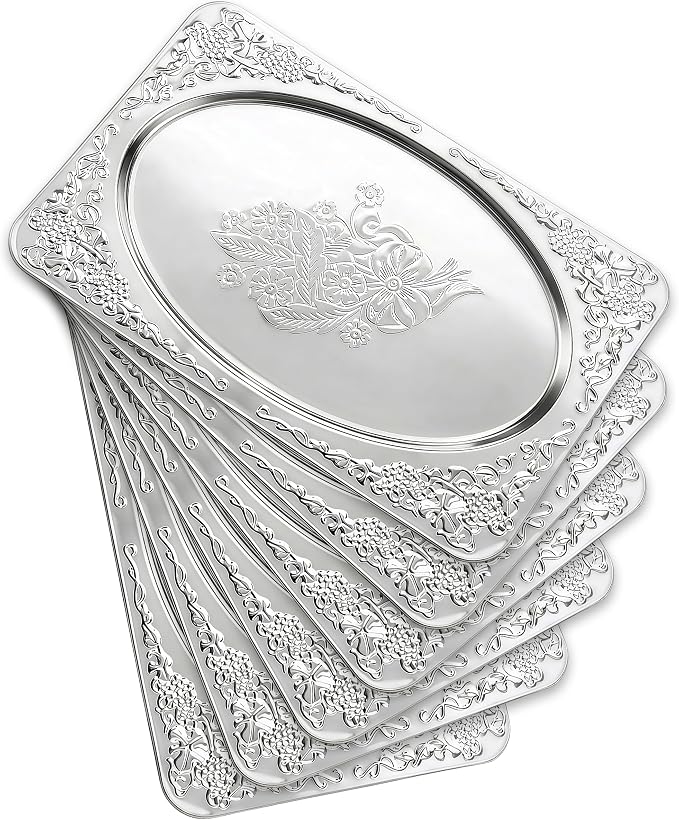 Silver Serving Trays, 6 Pcs Stainless Steel Serving Platters with Retro Engraved Design, 13.7 x 8.5 Inch for Serving Food, Appetizers, or as Decorative Accent at Home