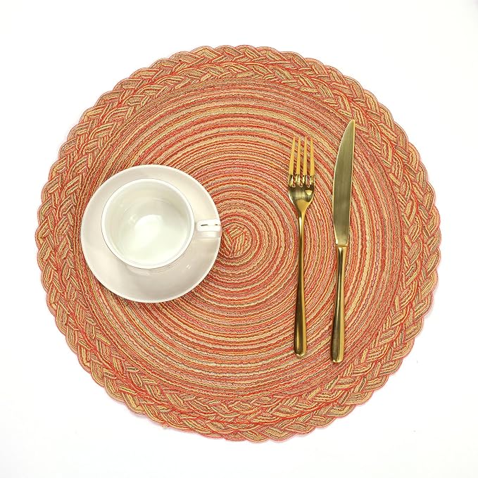 SHACOS Round Placemats Set of 6 Woven Round Table Mats 15 inch Circle Braided Edge Washable Cotton Polyester Kitchen Dining Table Place Mats, Fall Color Mix (Pack of 2)