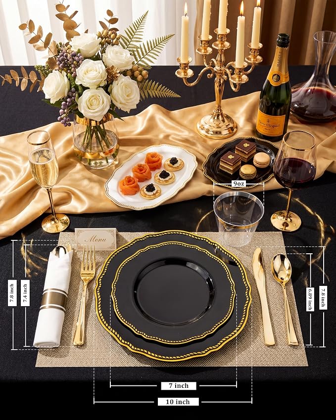 350 Pcs Black and Gold Plastic Plates for Wedding & Party | Gold Plastic Dinnerware Set Includes 50 Dinner Plates, 50 Dessert Dinnerware, 50 Cups, 50 Rolled Napkin Cutlery