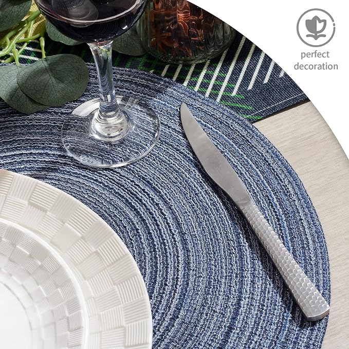 AHHFSMEI Round Braided Placemats Set of 6 Woven Table Mats for Dining Table Heat Resistant Easy to Clean Perfect for Kitchen & Home Decor (Multi Blue)