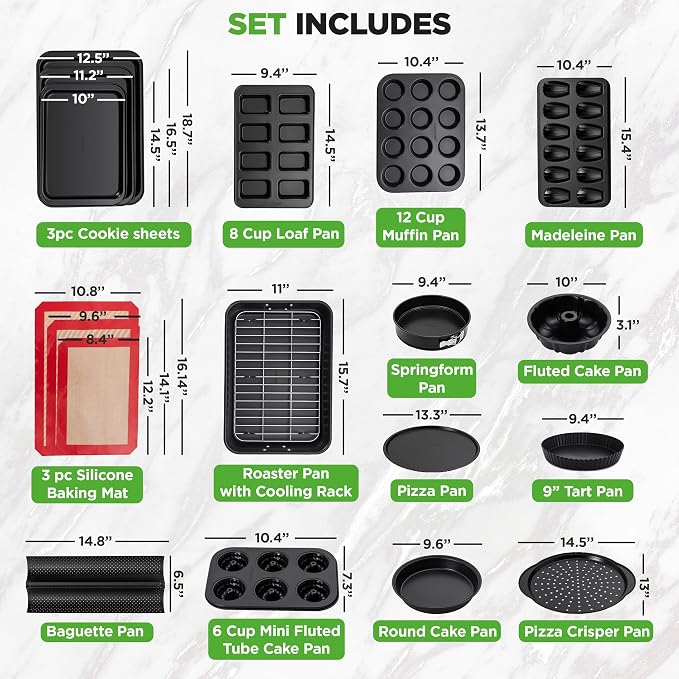 NutriChef 42-Piece Nonstick Bakeware Set | Carbon Steel Baking Pans Set with Oven Mitts, Muffin Trays, Cookie Sheets, Loaf Pan, & Accessories for Cakes, Pizza & Bread.