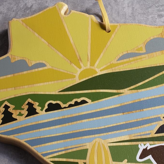 Totally Bamboo Wisconsin State Shaped Cutting Board, Summer Stokes Art | State charcuterie board with colorful hand-drawn landscape art. Smooth reverse side for food prep. Hang tie for wall display.
